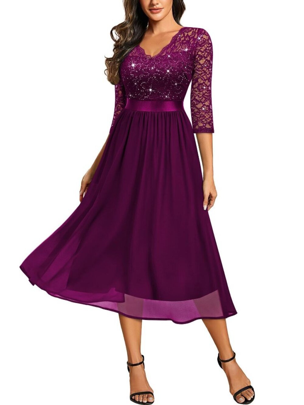 Miusol Elegant V Neck Sequin Lace Sleeve Bridesmaid Party A-line Dress Large
